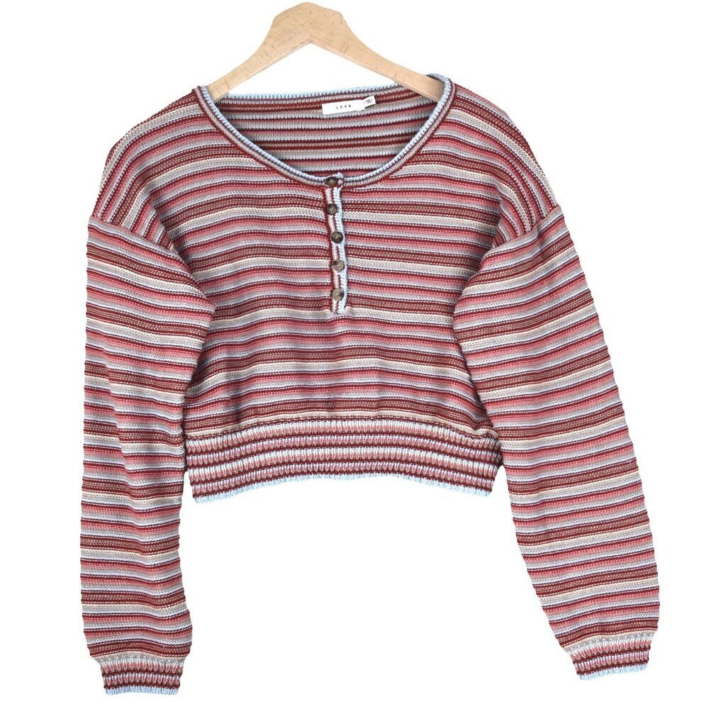 Lush Sweater Henley | Women’s Amber Taupe Multi Striped Cropped Knit Top Size M